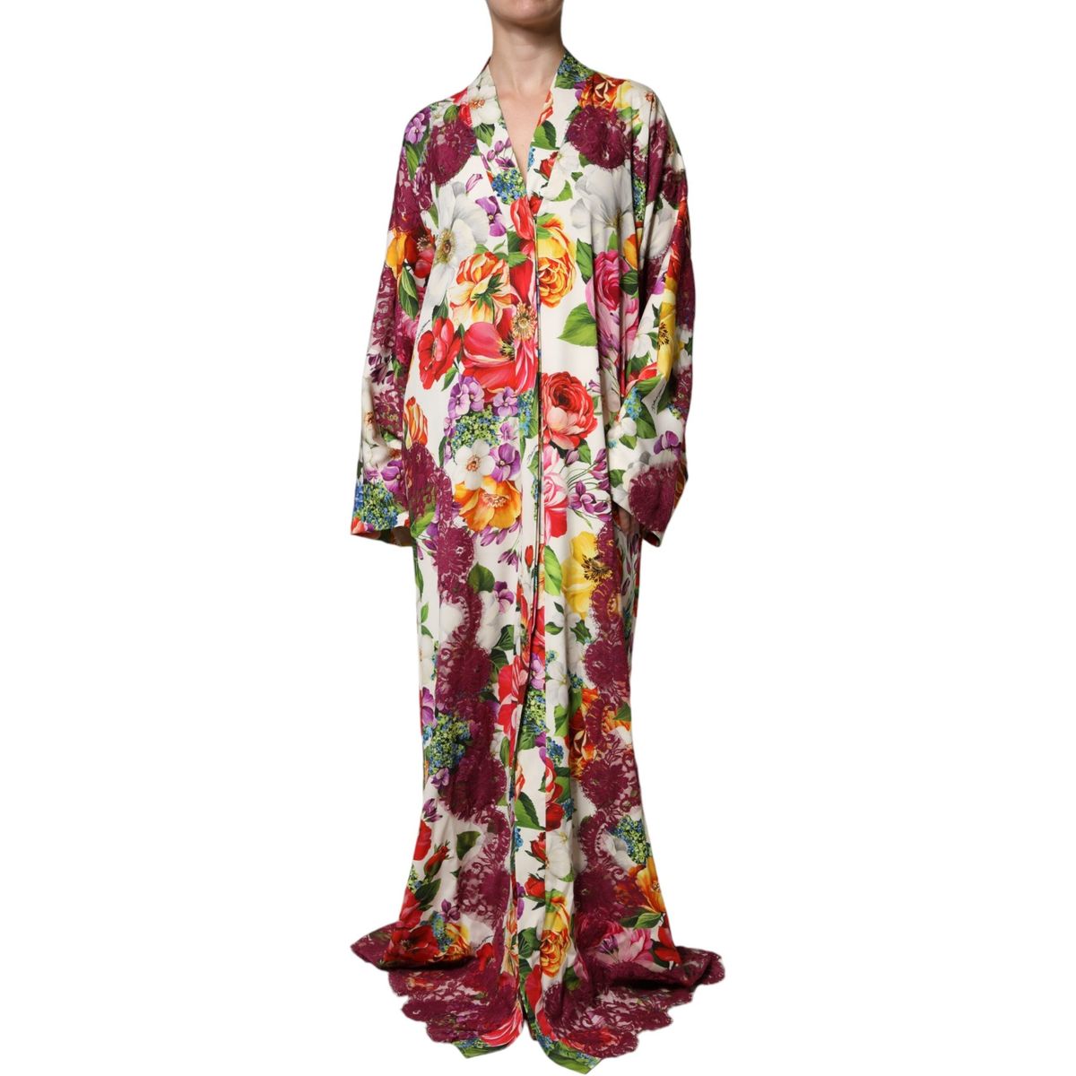 Dolce & Gabbana Multicolor Floral Lace Silk Abaya Long Sleeves Dress