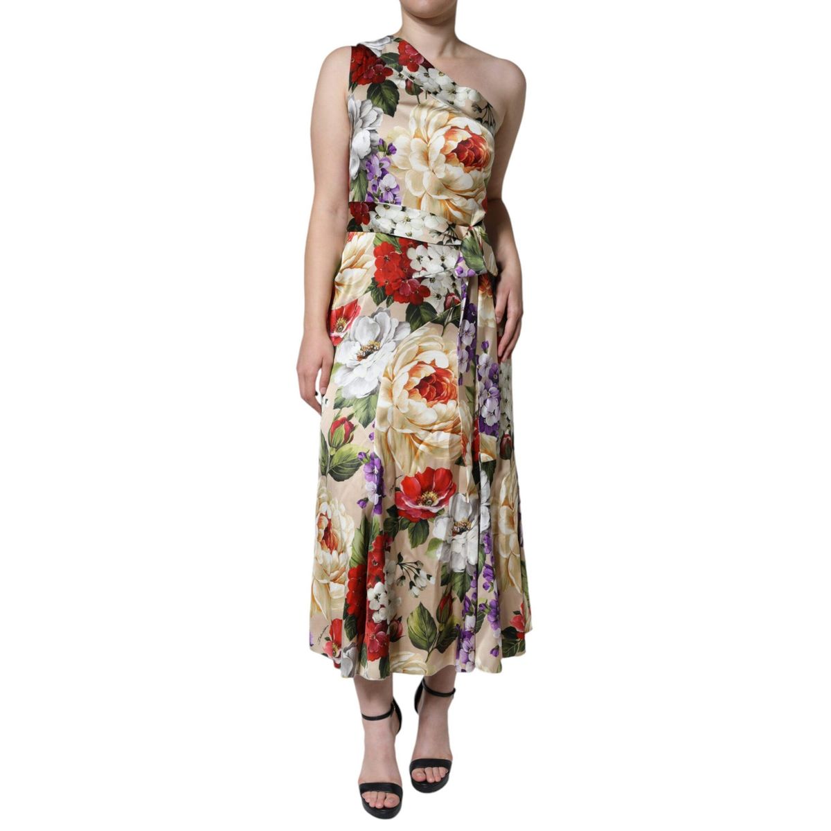 Dolce & Gabbana Multicolor Floral Silk Stretch One Shoulder Dress