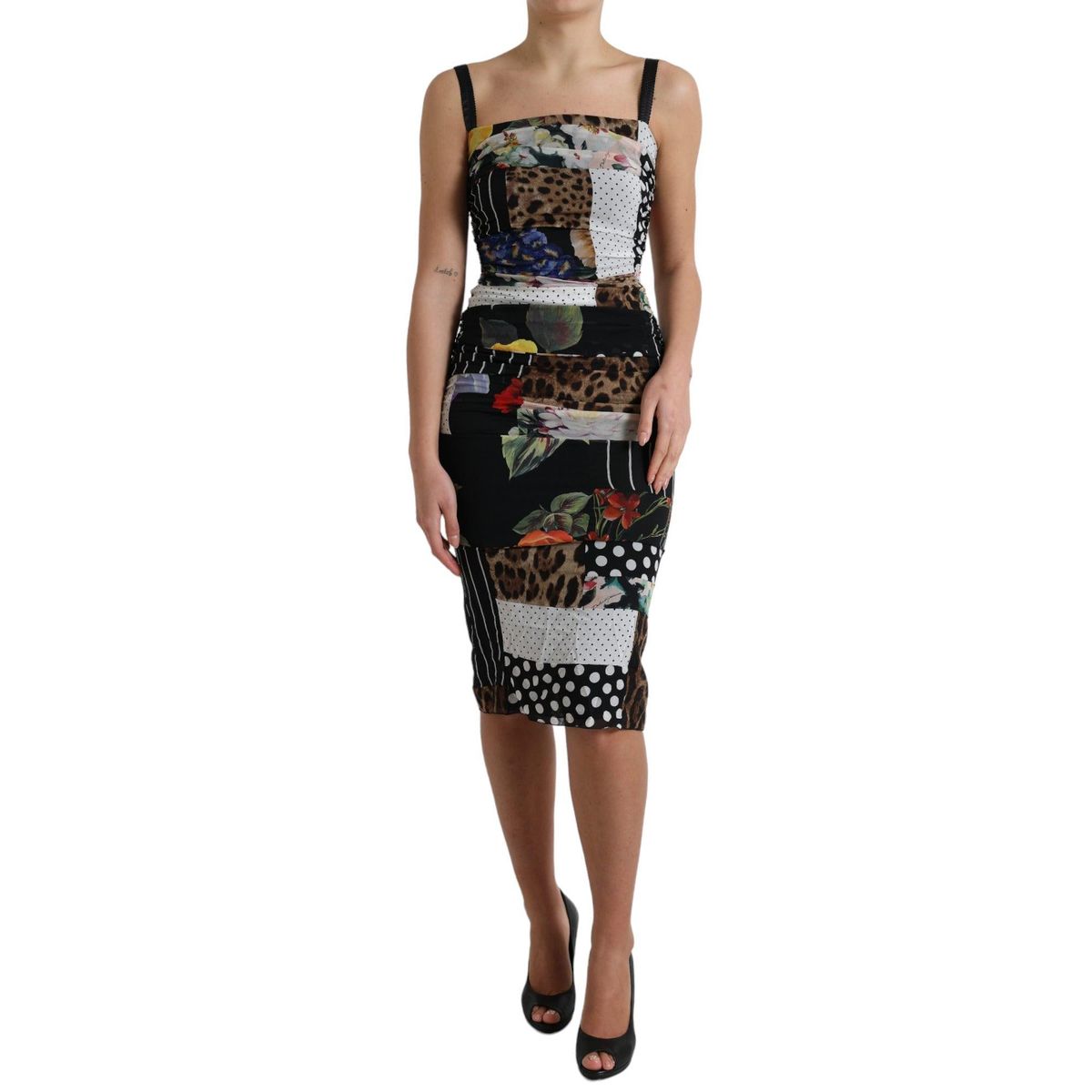 Dolce & Gabbana Multifarve Patchwork Midi Floral Leopard Bodycon Kjole