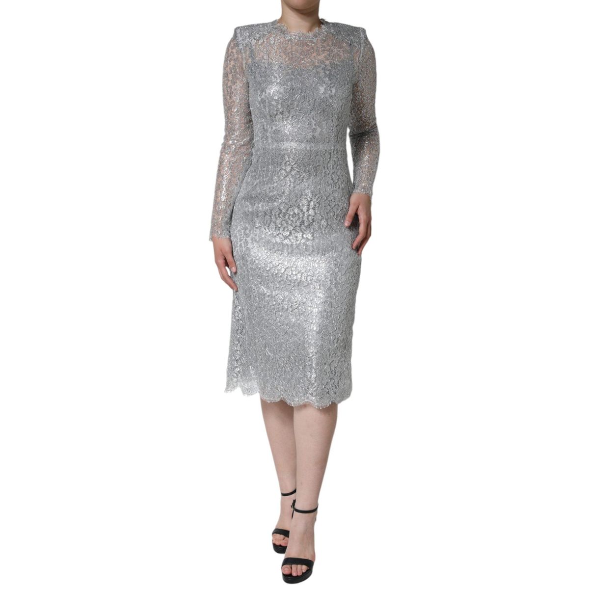 Dolce & Gabbana Silver Floral Lace Bodycon Sheath Midi Dress