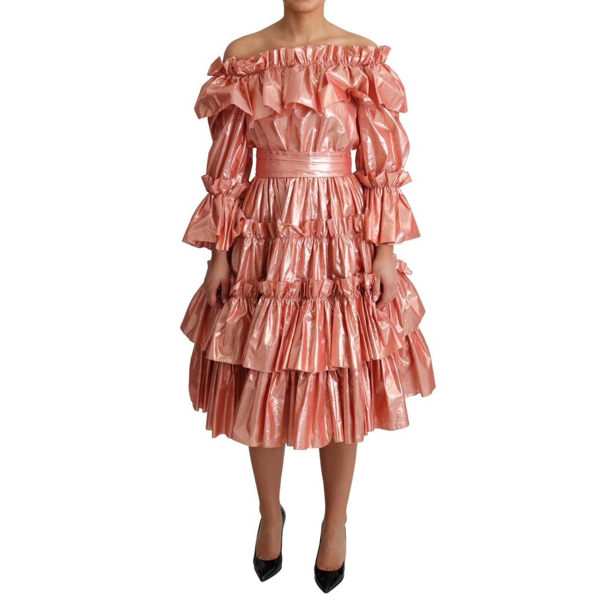 Dolce & Gabbana Pink Metallic Ruffled Gown Elegance