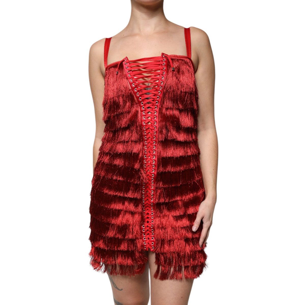 Dolce & Gabbana Red Lace Tassel Sleeveless Sheath Mini Dress