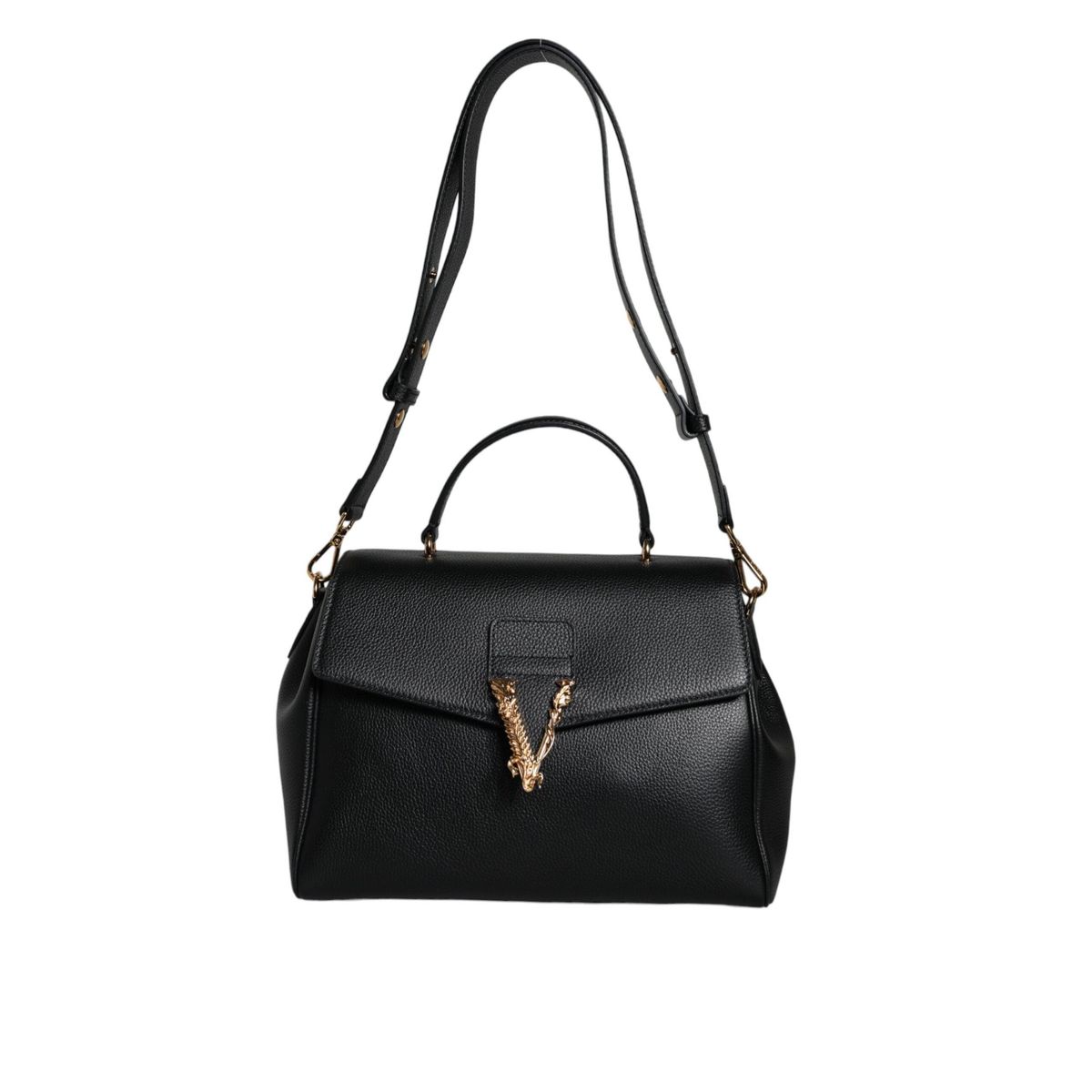 Versace Black Top Handle Grainy Calfskin Leather Crossbody Bag