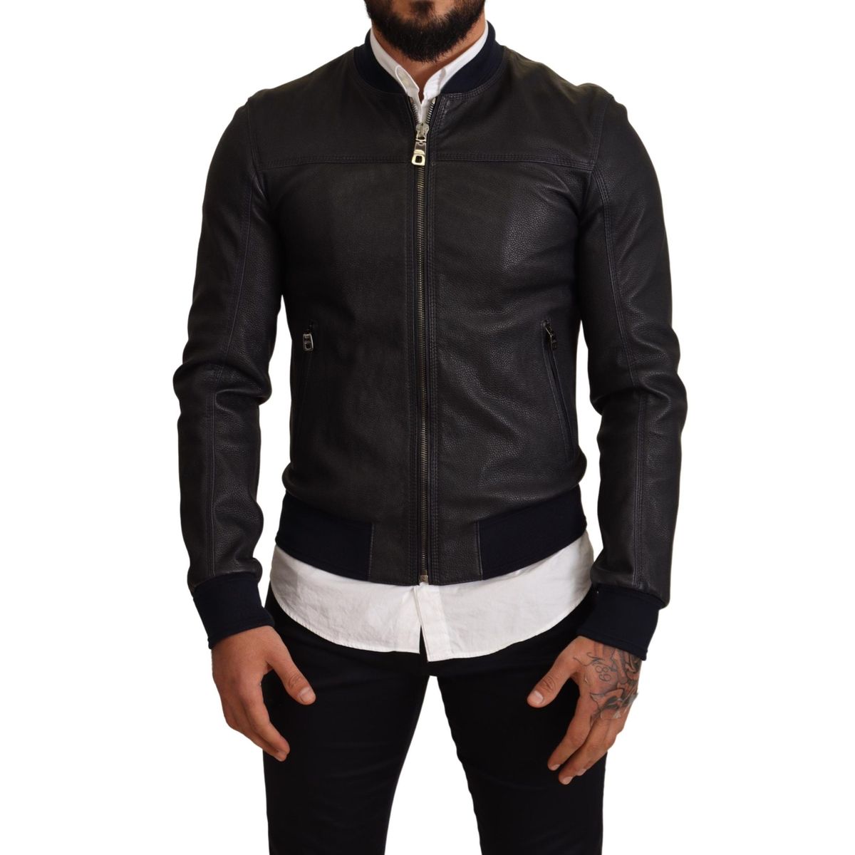 Dolce & Gabbana Elegant Leather Bomber Jacket in Dark Blue