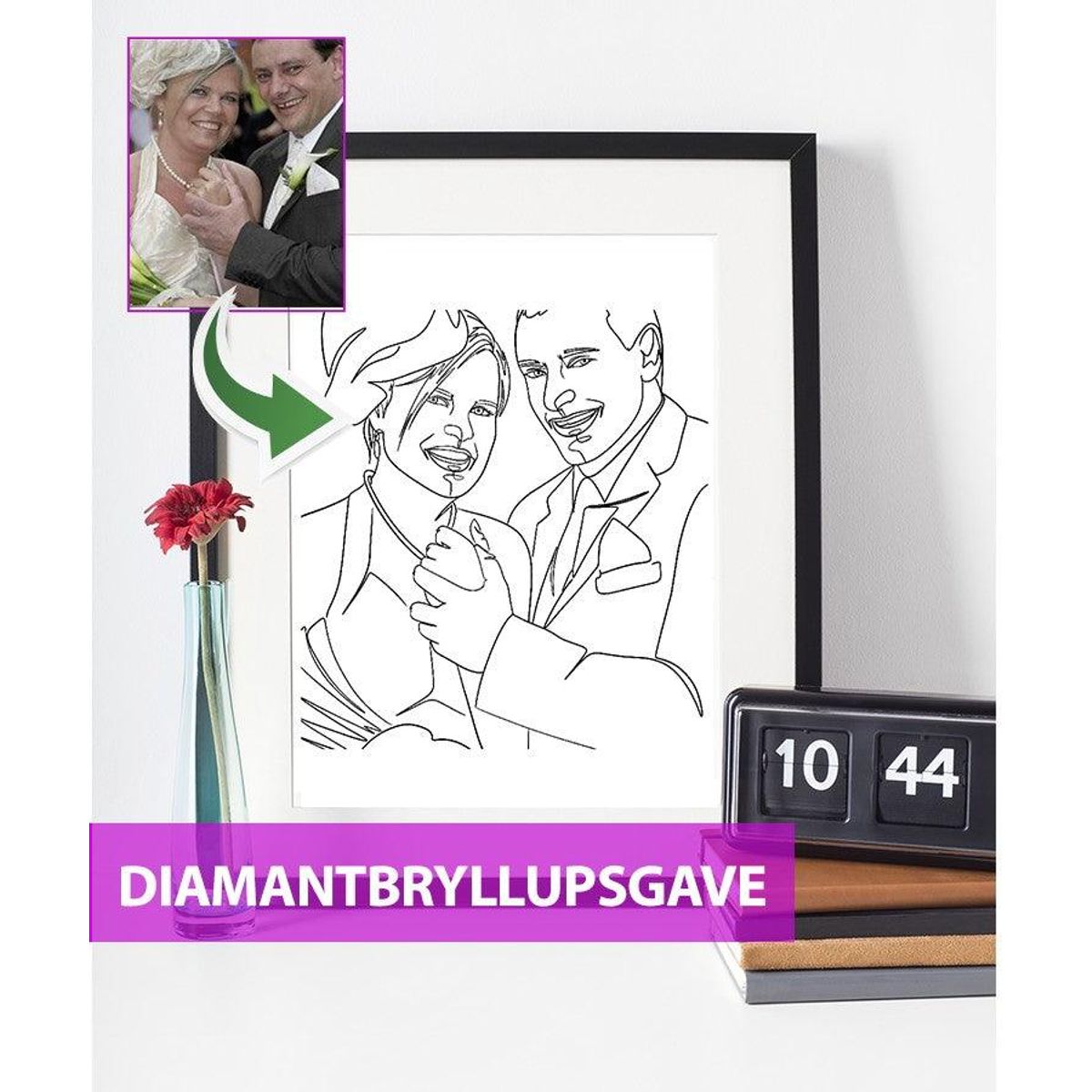 Diamantbryllupsgave - line art tegning efter dine fotos