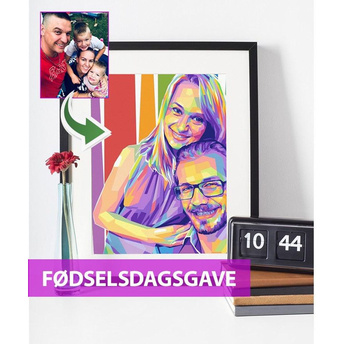 Fødselsdagsgave - pop art tegning efter dine fotos