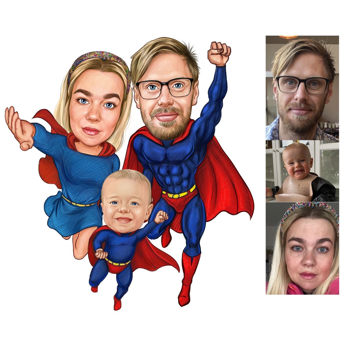 Superhelt familietema2 (3 personer) - karikaturtegning efter dine fotos