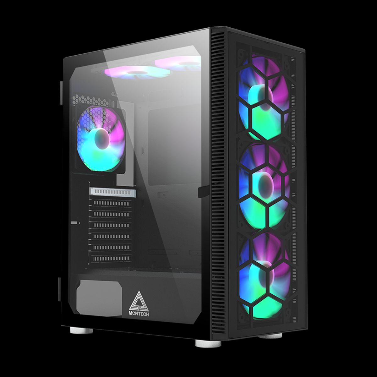 Montech X3 Glas Sort - 6 Fans Inkluderet (Statisk RGB) - Tempereret Glas Side