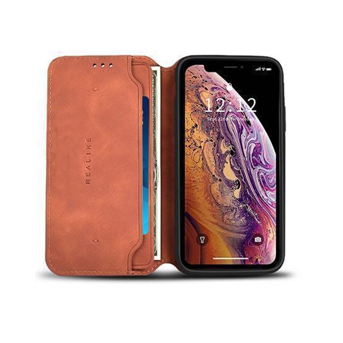 iPhone XS Max - Realike&trade; Folio Læder Cover M. Kortholder - Brun