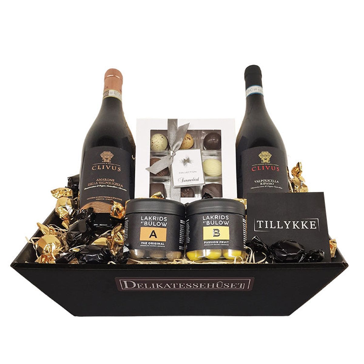 Vingave 'TILLYKKE' med Amarone, Ripasso og dansk luksus chokolade