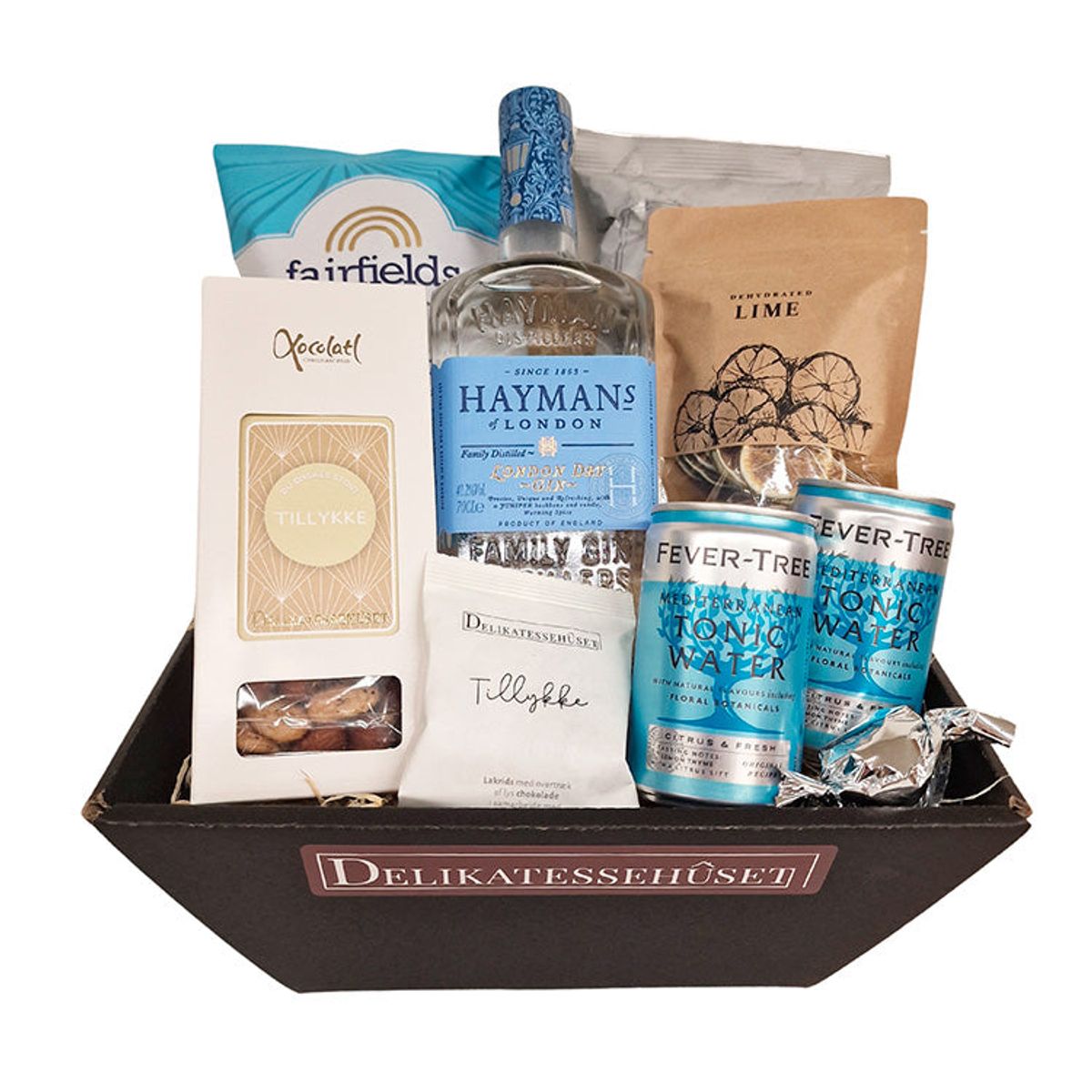 Gavekurv 'Tillykke' med London Dry Gin, tonic og snacks