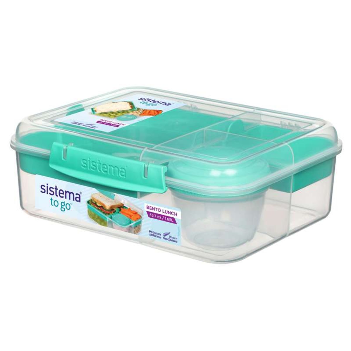 Sistema Bento Madkasse - Ruminddelt med Bæger - 1,65L - Klar/Minty Teal