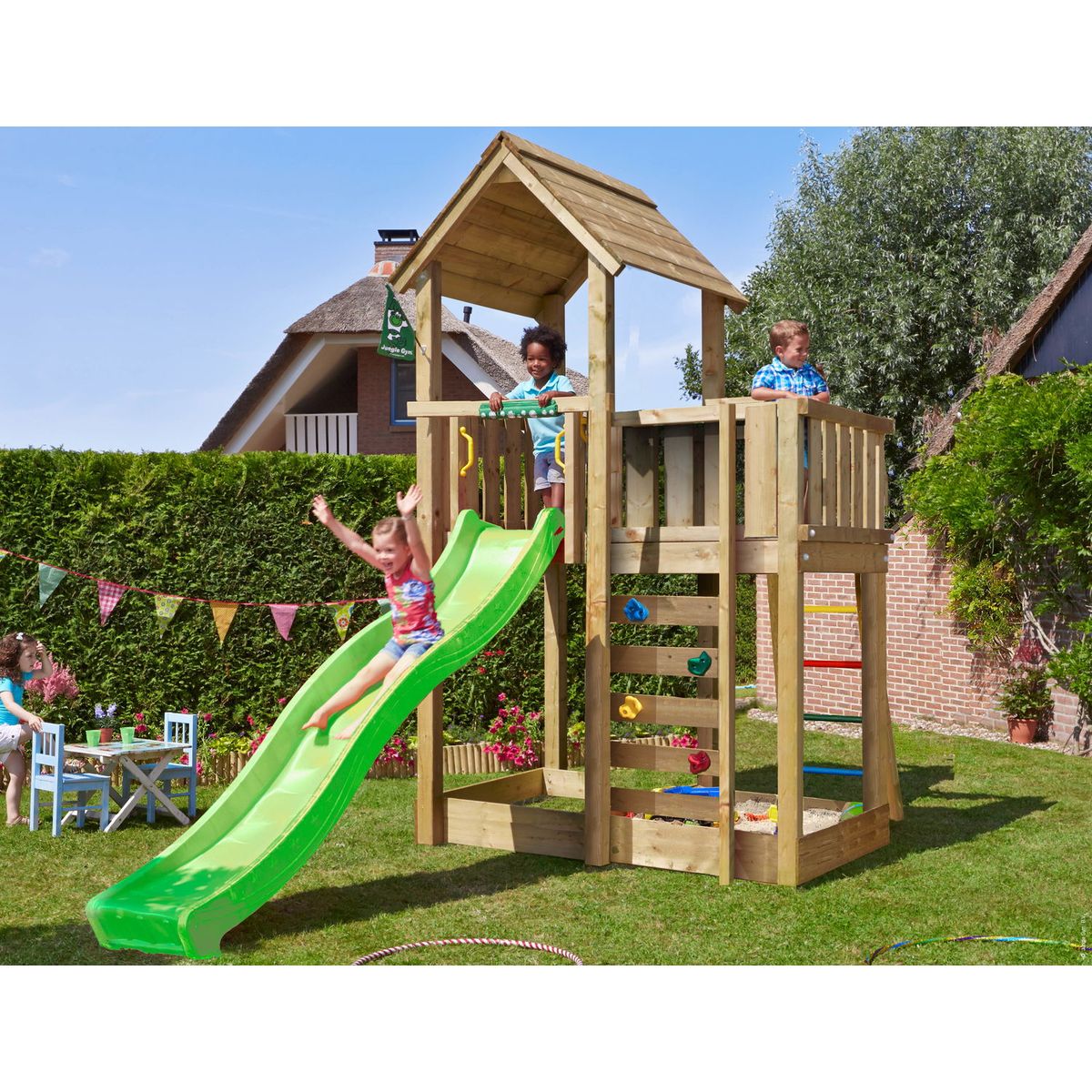 Legetårn Jungle Gym Mansion 2.1 m/grøn rutsjebane