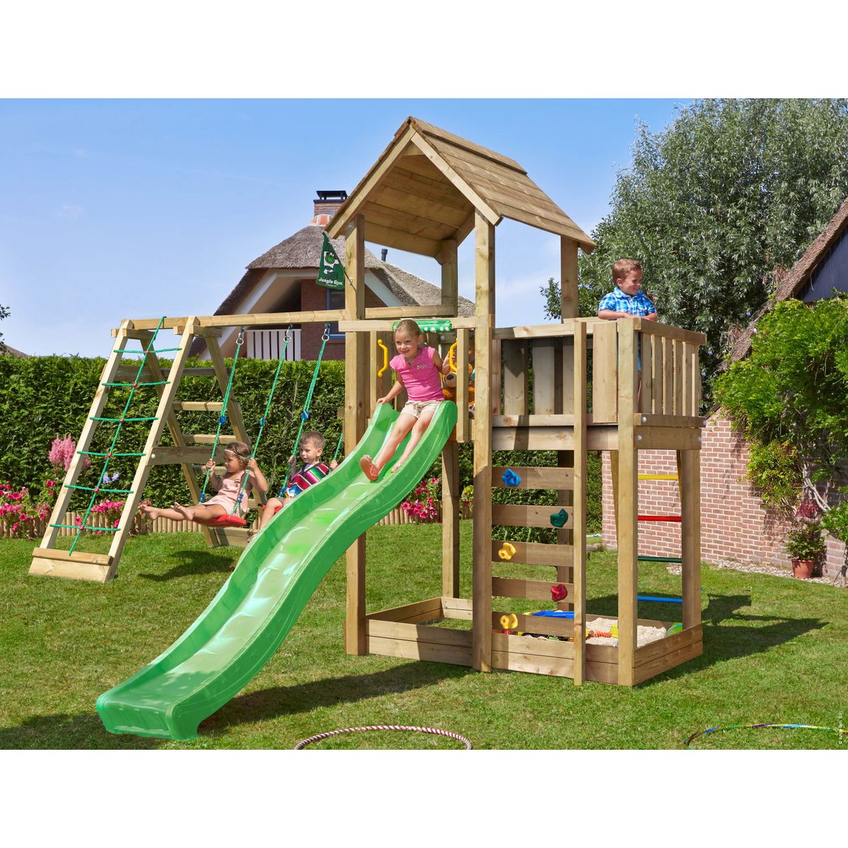 Legetårn Jungle Gym Mansion 2.1 m/2-Climb Module 220, grøn rutsjebane og 120 kg sand