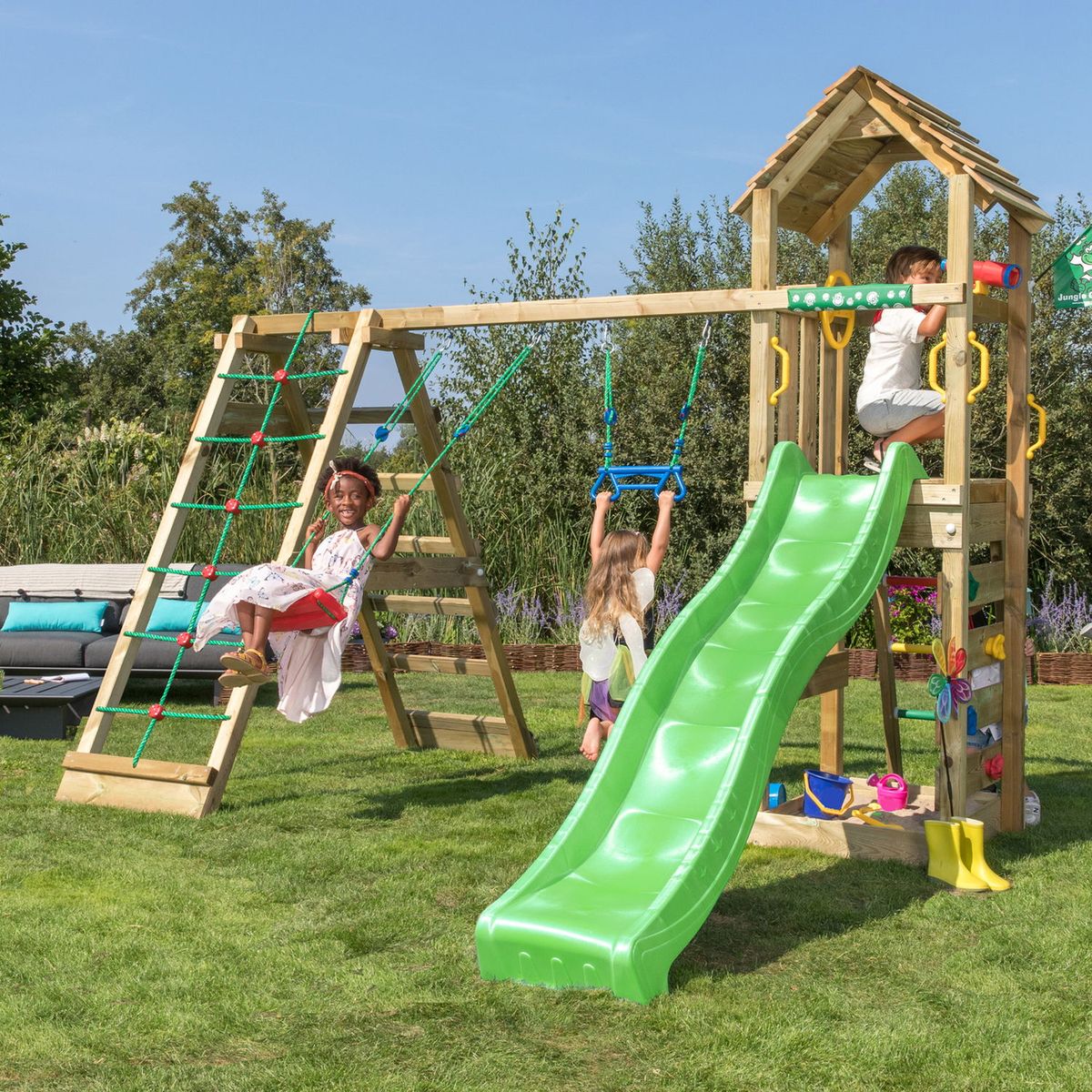 Jungle Gym Cocoon legetårn komplet inkl. klatremodul 2 og mørkegrøn rutschebane