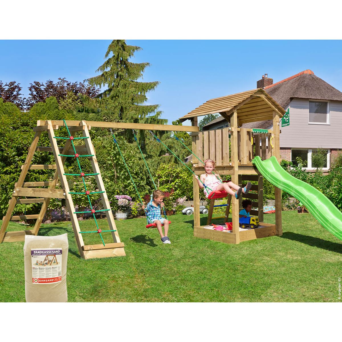 Legetårn Jungle Gym Cottage 2.1 w/2-Climb Module 220, grøn rutschebane og 120 kg sand