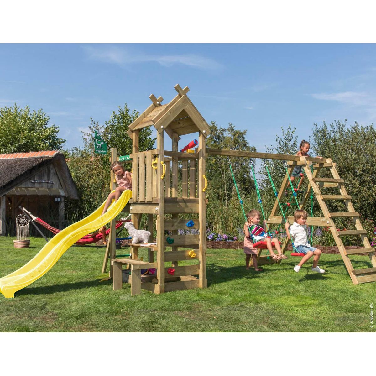 Legetårn Jungle Gym Teepee m/2-Climb Module 200 og gul rutschebane