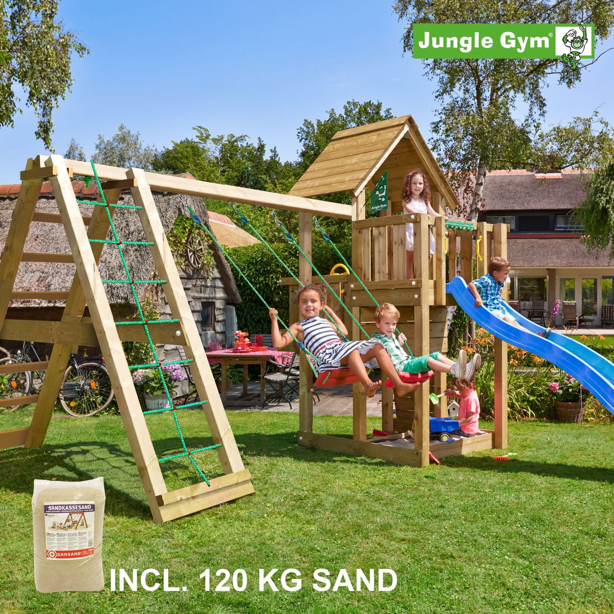 Jungle Gym Cubby legetårn komplet inkl. climb module xtra, 120 kg sand og blå rutschebane