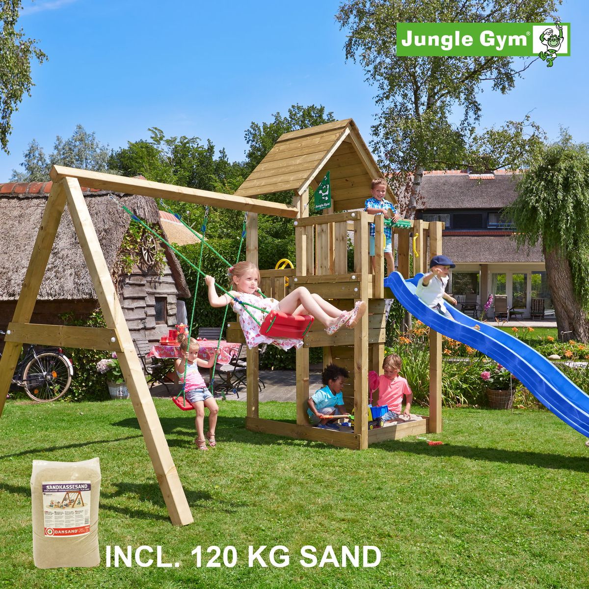 Jungle Gym Cubby legetårn komplet inkl. swing module xtra, 120 kg sand og blå rutschebane