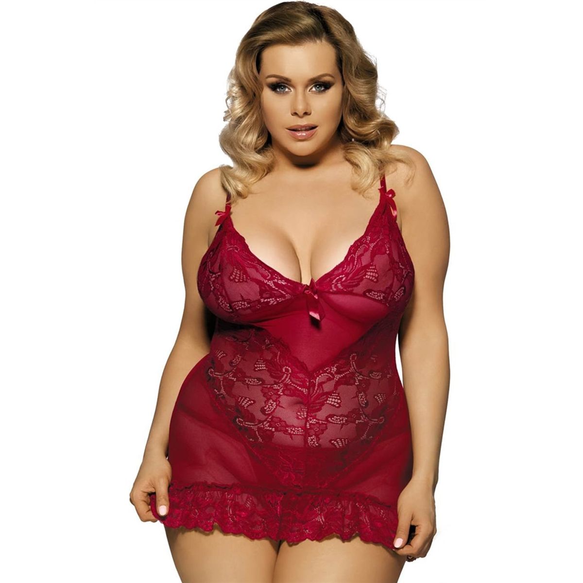 Blonder & mesh plussize chemise natkjole, rød