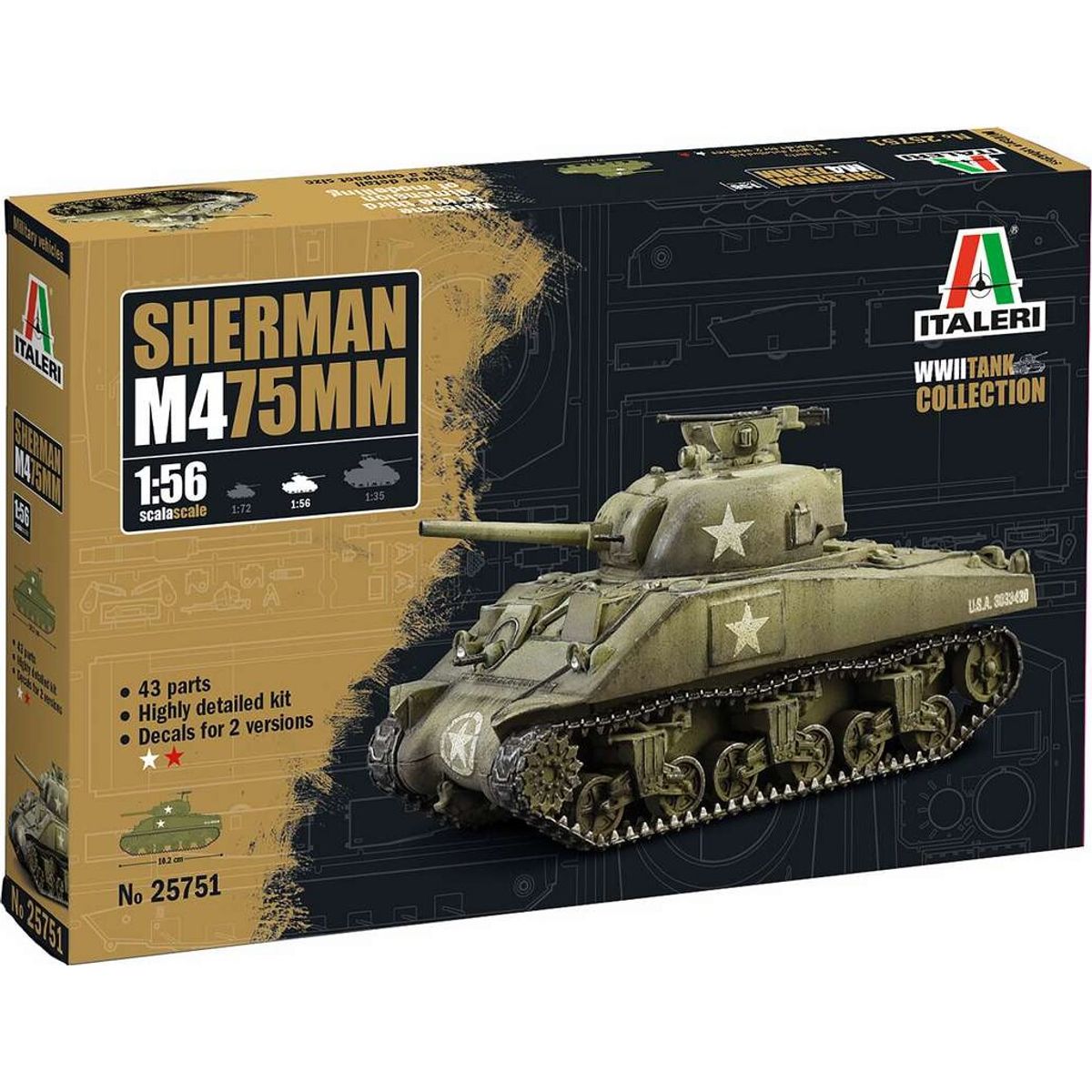 Italeri - M4 75 Mm Sherman Modeltank Byggesæt - 1:56 - 25751