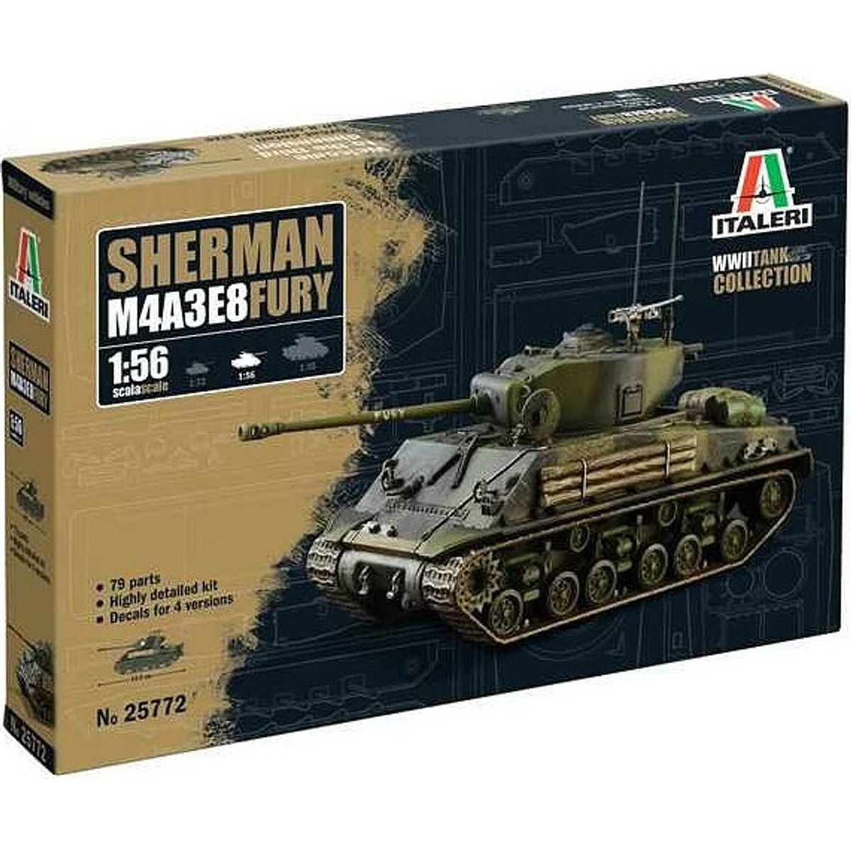 Italeri - M4a3e8 Sherman Fury Tank Byggesæt - 1:56 - 15772