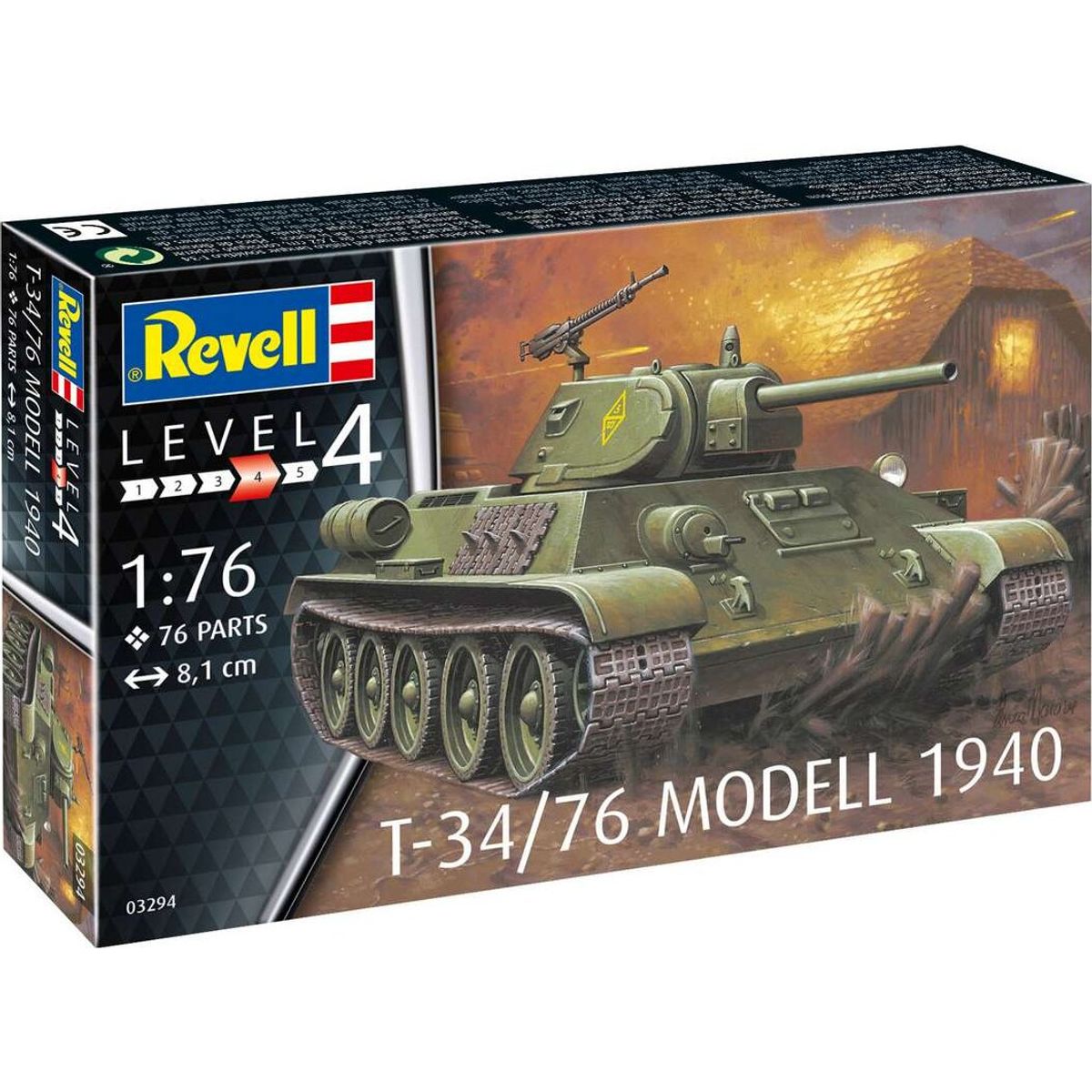 Revell - T-34 Modell Tank Byggesæt - 1:76 - Level 4 - 03294