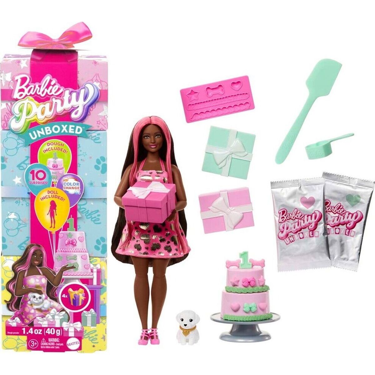 Barbie Dukke - Party Unboxed Sort - 10 Overraskelser