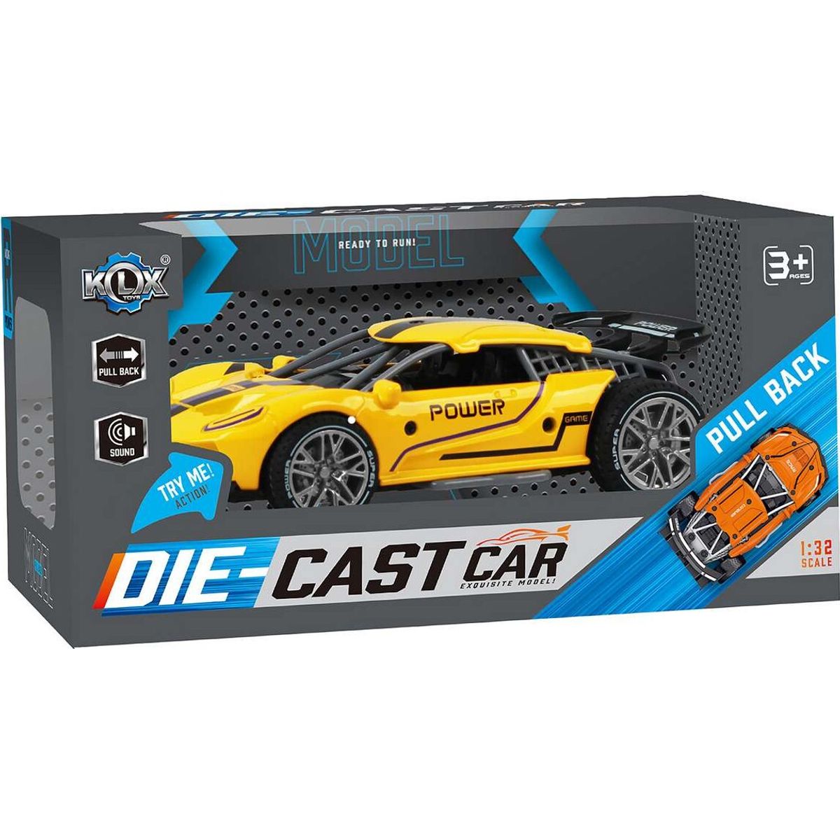 Die-cast Pull Back Car W/sound & 'try-me', Yellow - Klx Toys