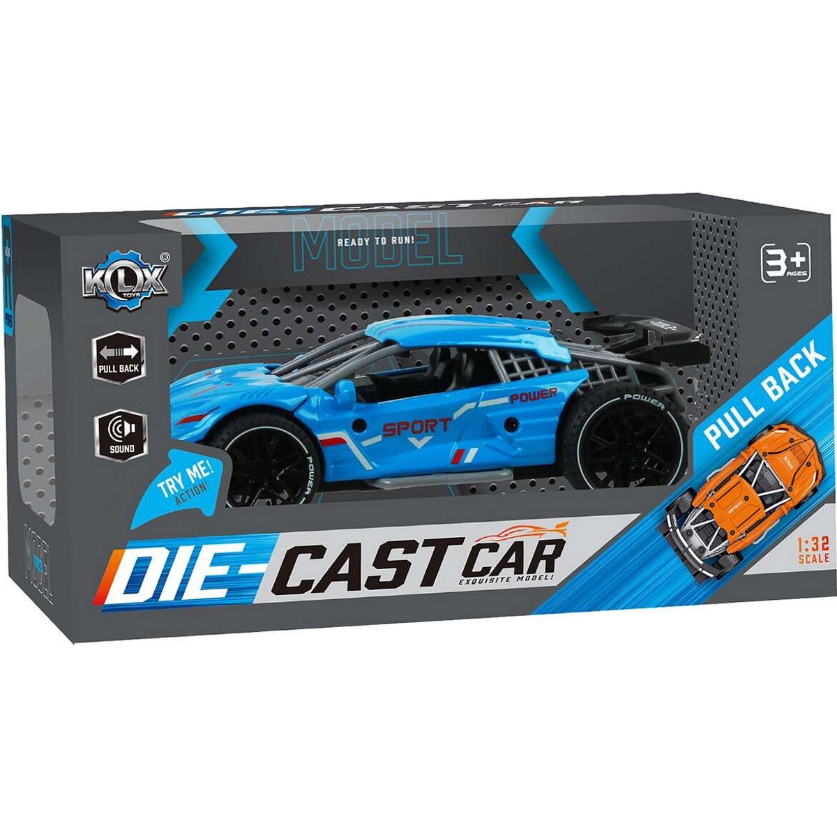 Die-cast Pull Back Car W/sound & 'try-me', Blue - Klx Toys