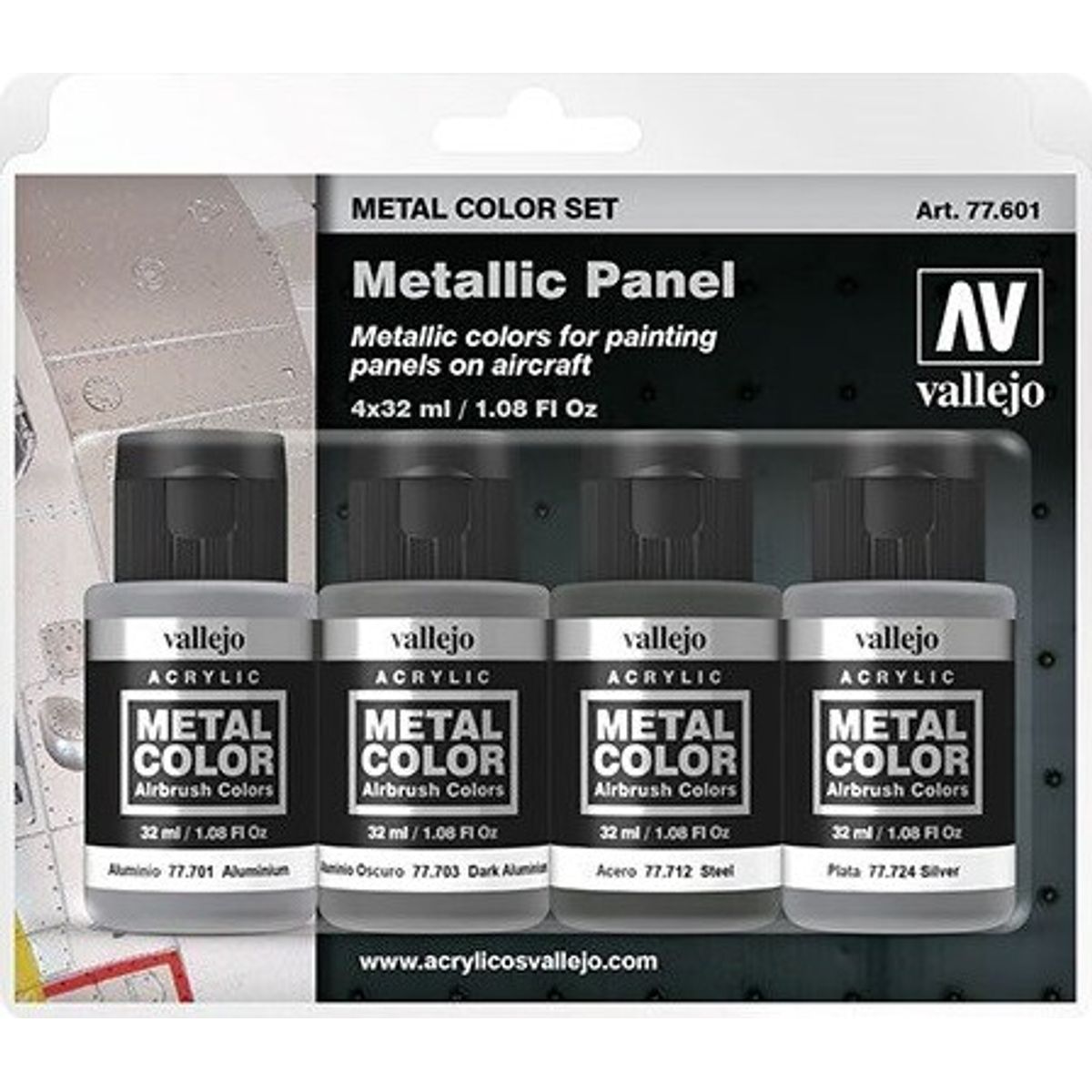 Vallejo - Metal Color Airbrush Maling Sæt - Metallic Panel - 4x32 Ml