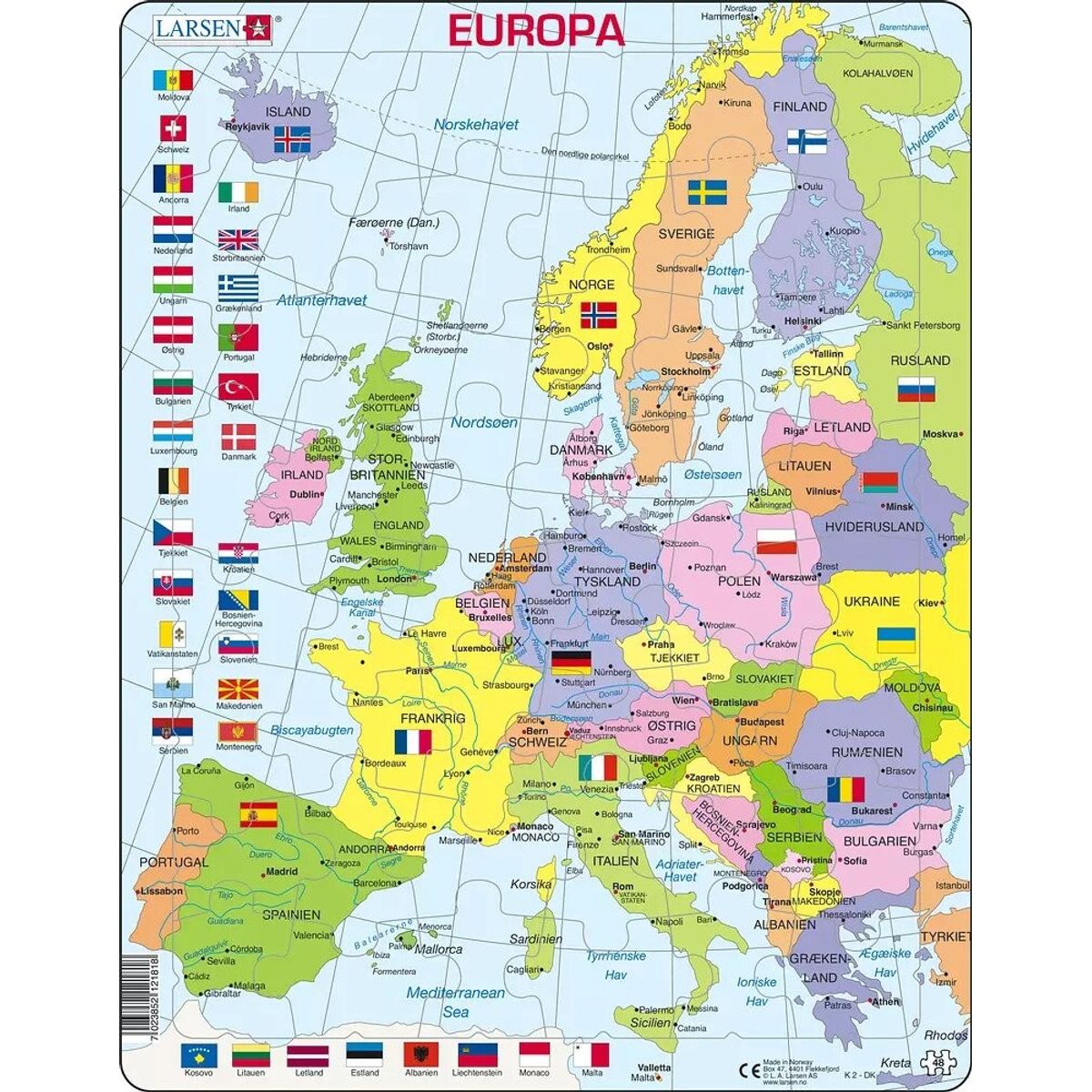 Larsen Puslespil - Europakort Med Flag - 48 Brikker