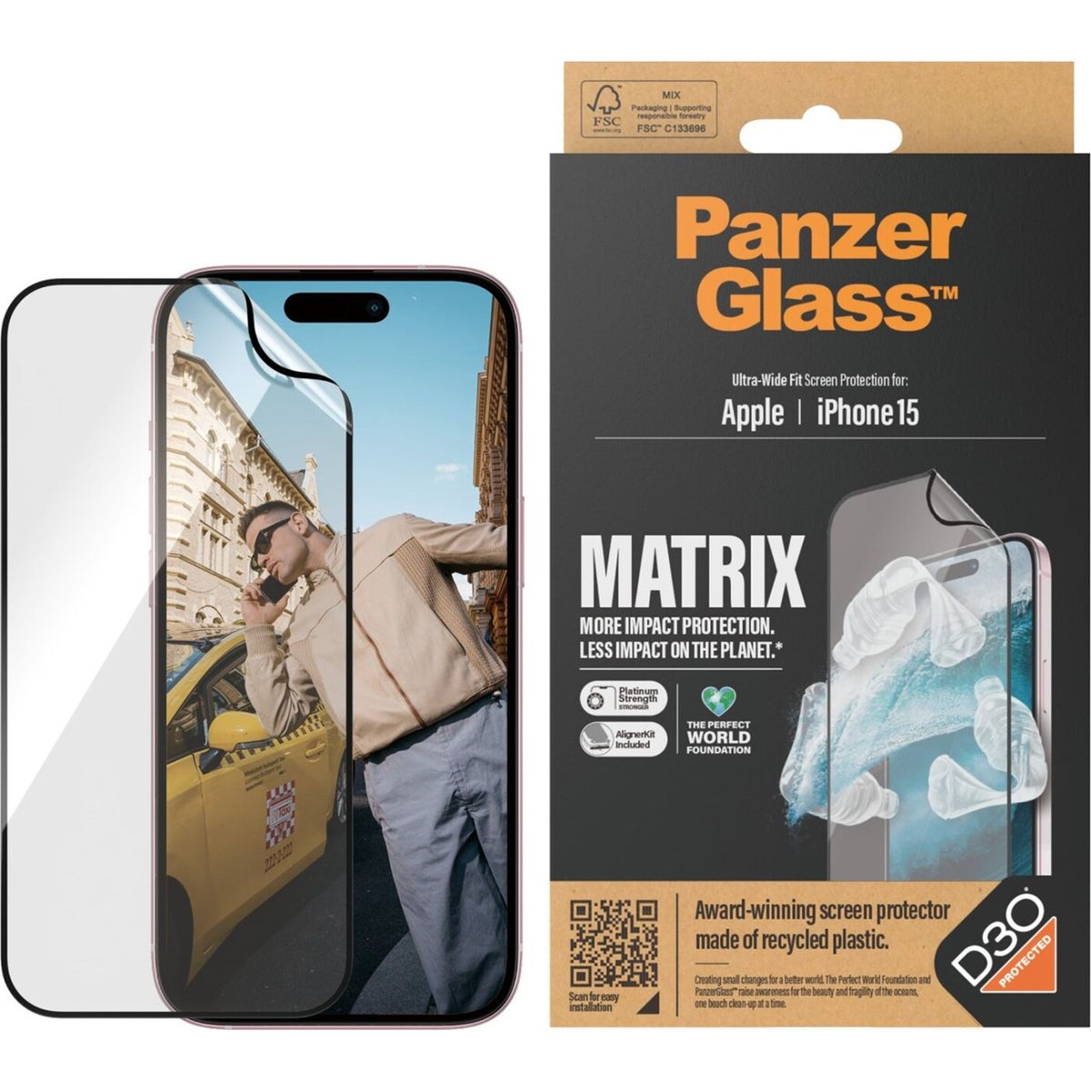 Panzerglass - Eco Matrix Screen Protector With D3o Iphone 15 - Ultra-wide Fit W. Alignerkit