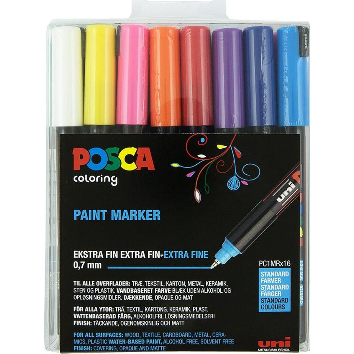 Posca Tusser Sæt - Extra Fine 0,7 Mm - Pc1mr - Basis - 16 Stk