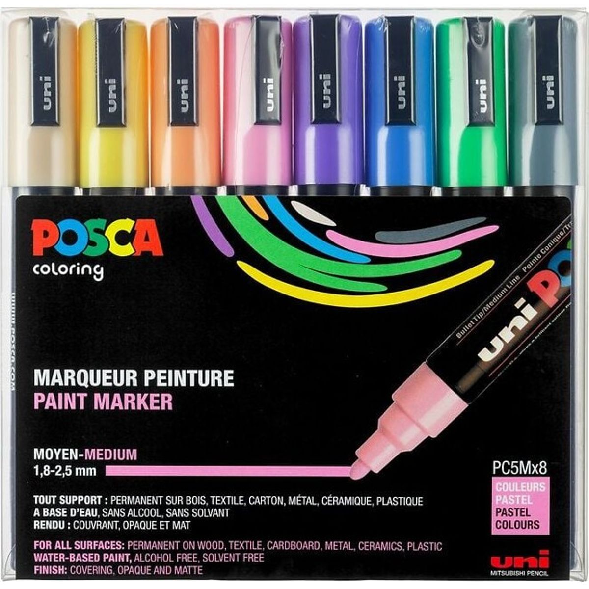 Posca Tusser Sæt - Pc5m - Medium 1,8-2,5 Mm - Pastel - 8 Stk