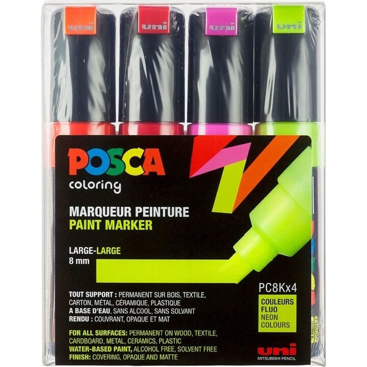 Posca Tusser Sæt - Pc8k - Large 8 Mm - Neon Farver - 4 Stk