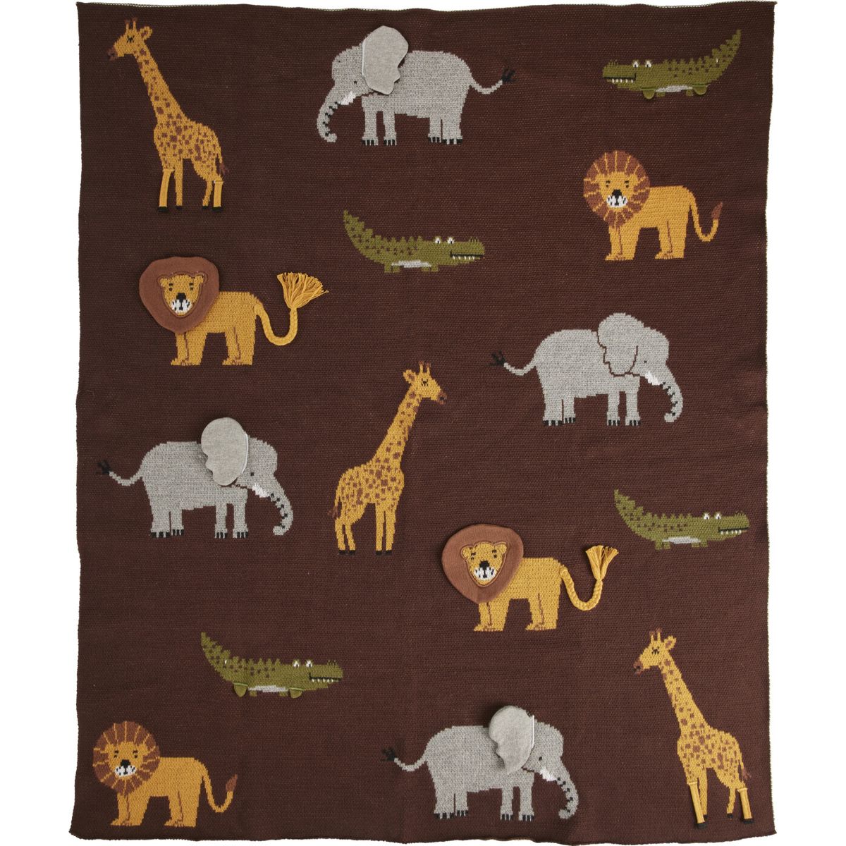 Rice - Knitted Baby Blanket With Animals And 3d Details - Chocolate Brown