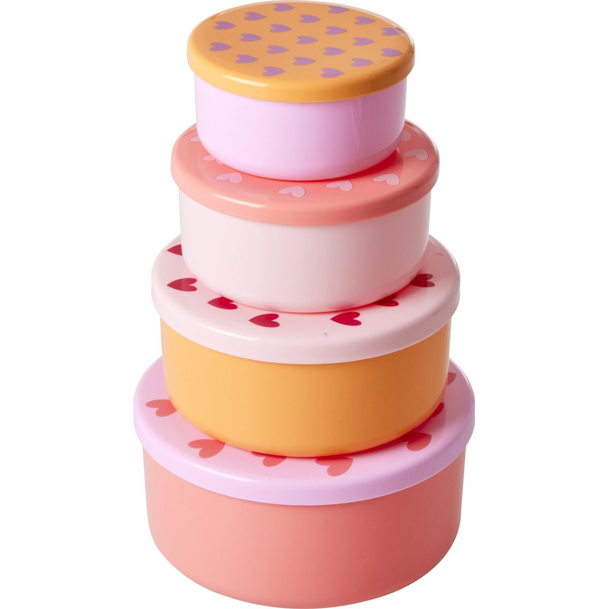 Rice - Round Plastic Food Boxes With Hearts Prints - Set Of 4