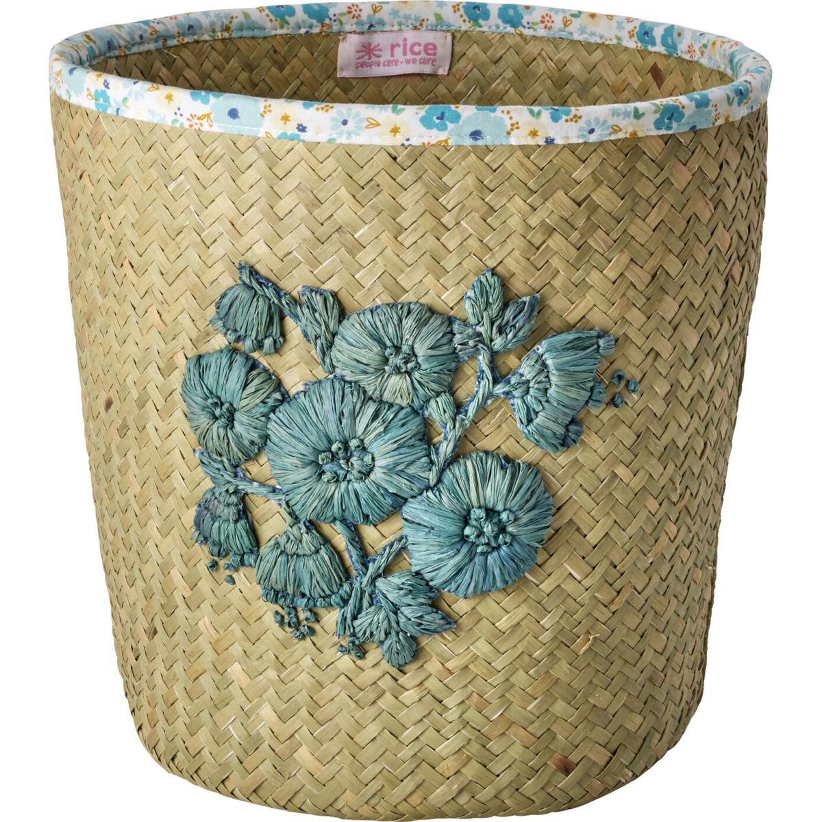 Rice - Raffia Basket With Blue Flower Embroidery And Flower Fabric Edge - Blue