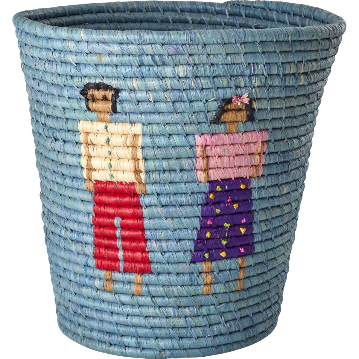 Rice - Raffia Round Basket With People And 3d Details - Blue