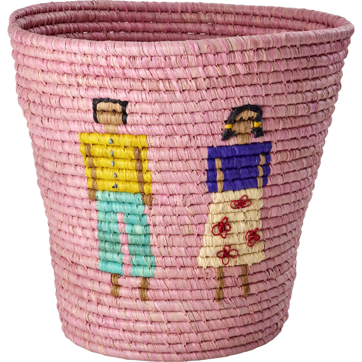 Rice - Raffia Round Basket With People And 3d Details - Pink