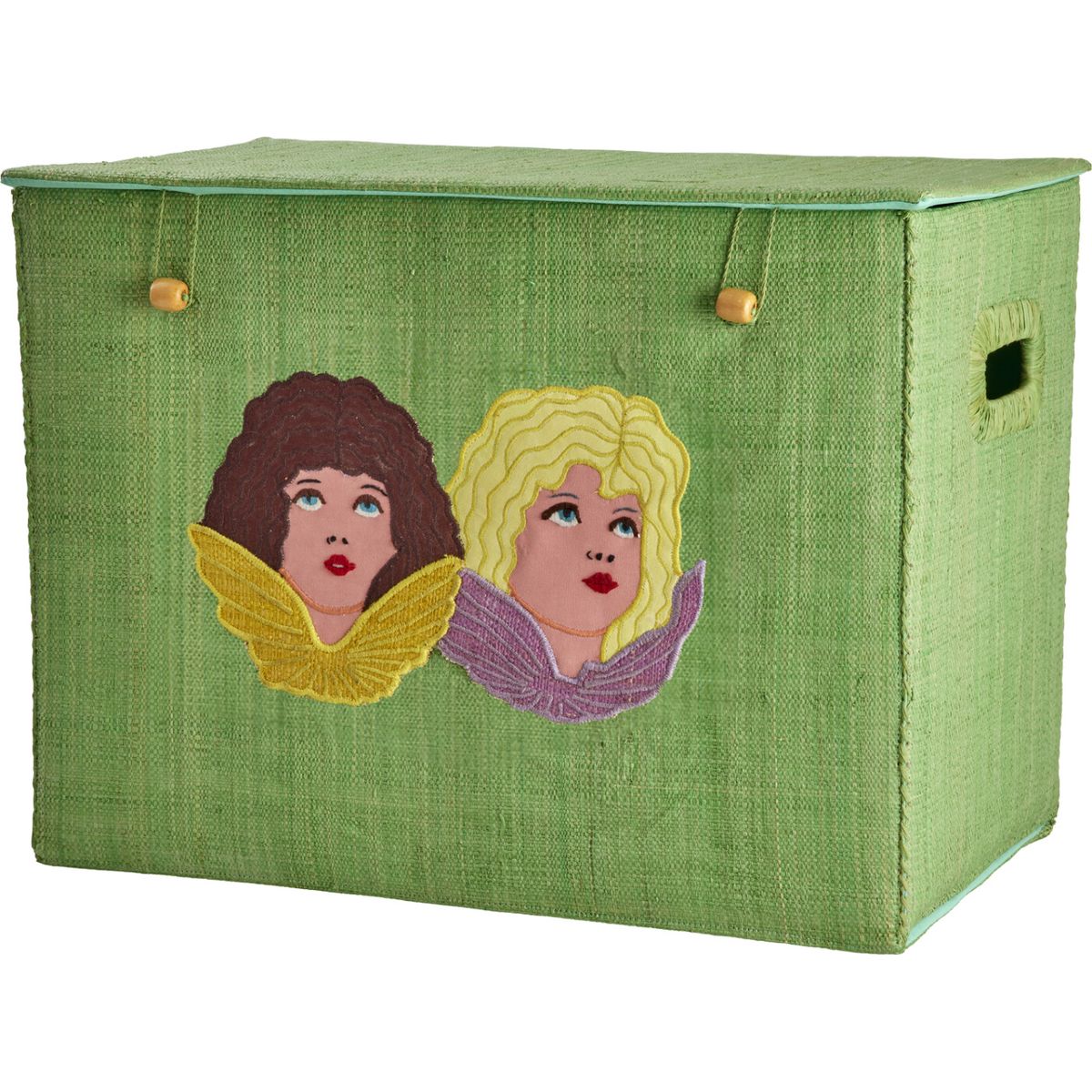 Rice - Raffia Storage Box With Angels - Soft Army Green - Large