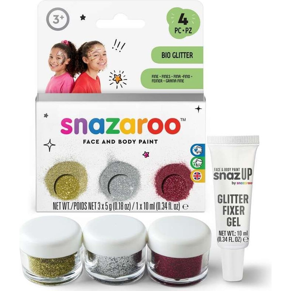 Sminkefarve Bio Glitter 15g Fint Guld/sølv/rød+gel - 1172243 - Snazaroo