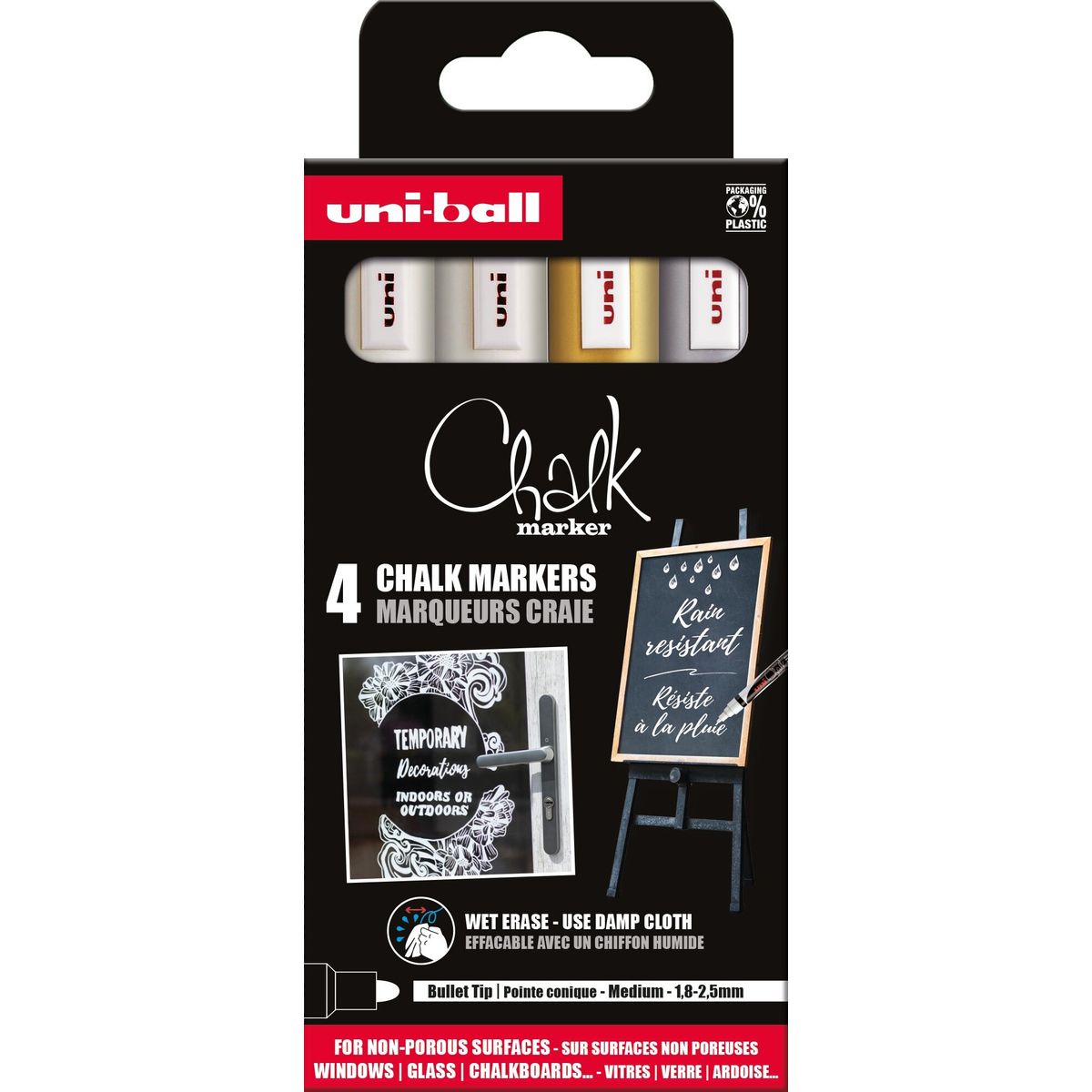 Uniball - Chalk Marker Pwe-5m, Set Of 4 Markers - Gold, Silver & 2 X White