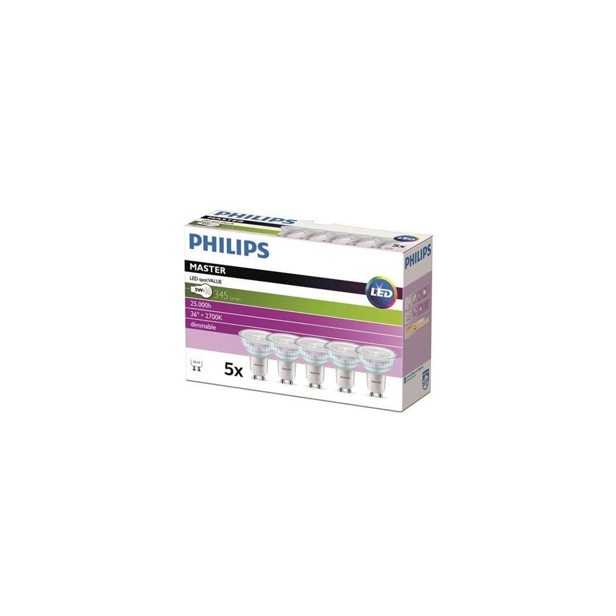 Philips Master Value GU10 LED Pære 4,7W i 3000K 345Lm Dæmpbar - 5-PAK