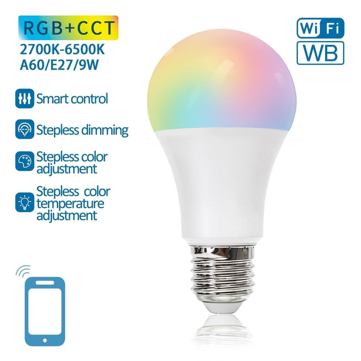 Aigostar SMART WiFi/BT, A60, E27 Mat LED Pære 9W i RGB+CCT