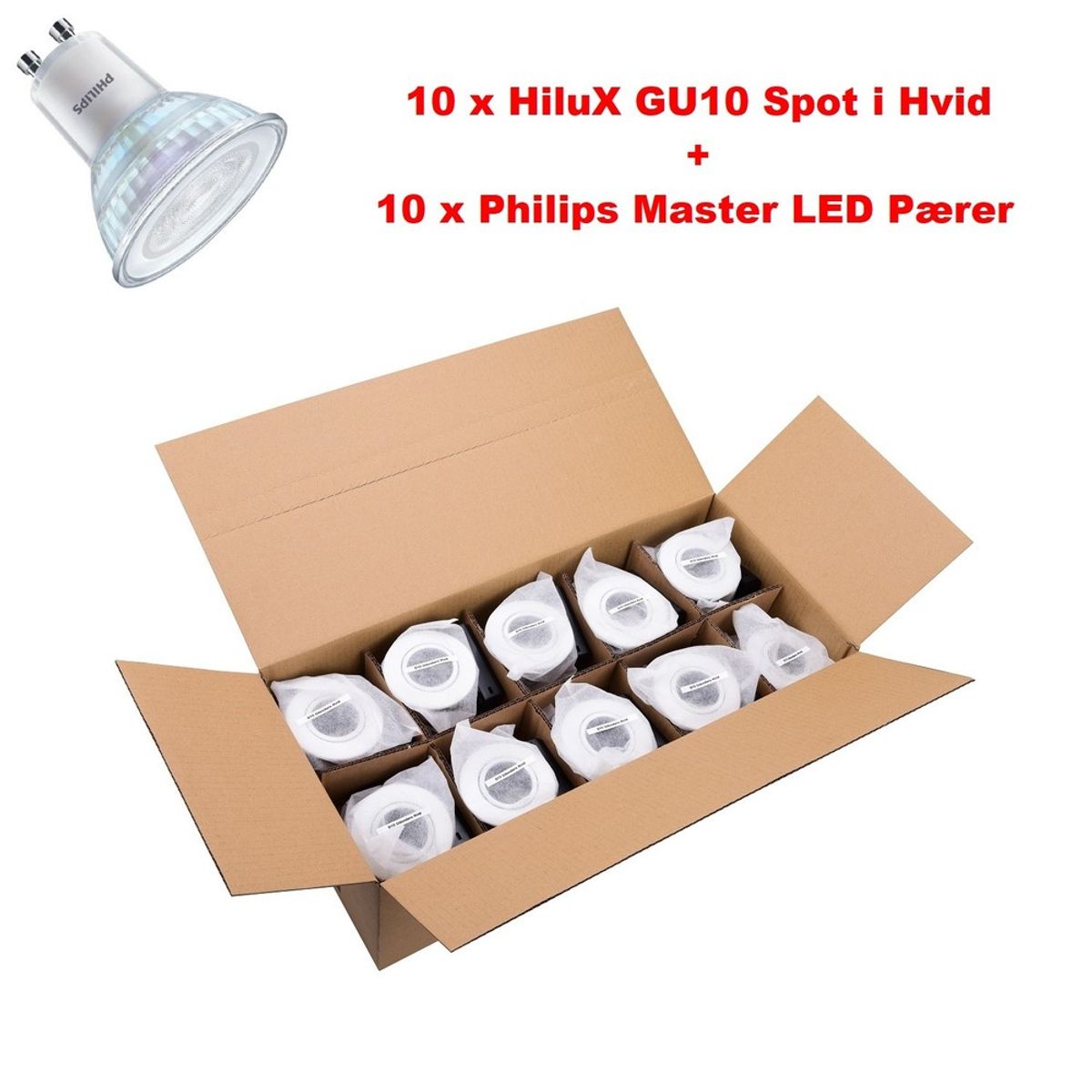 10 x Hilux D10 Spot i Hvid - inkl. 10 x Philips Master Value 2700K