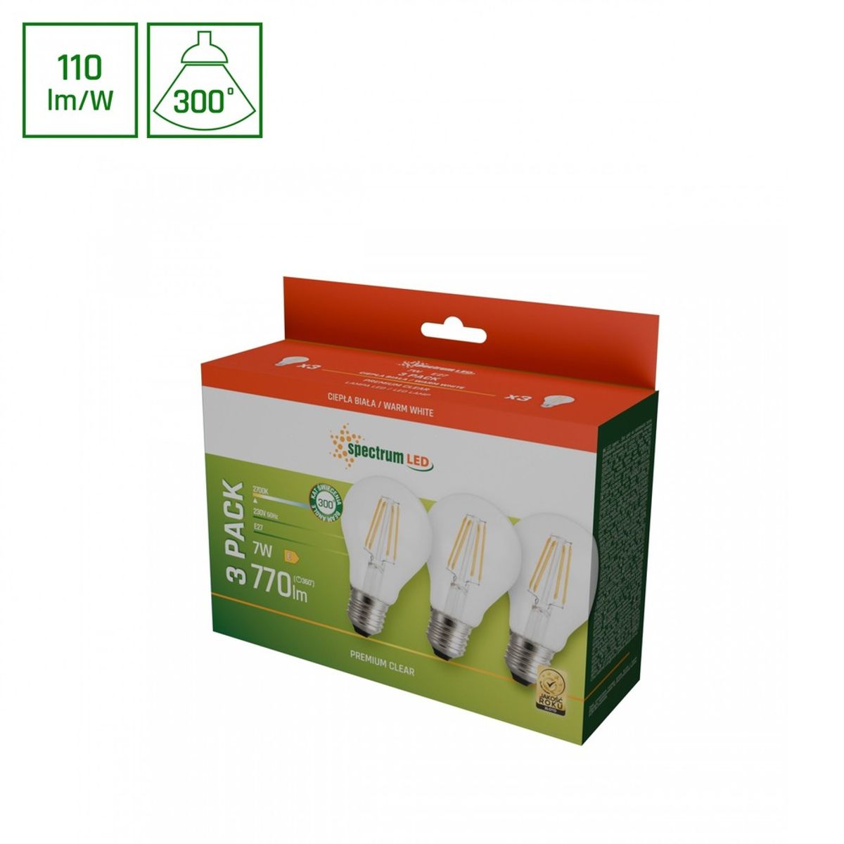 LED 7W E27 - 230V, Kultråd, Varm Hvid, Klar, Spectrum, 3-pak - Kulør : Varm