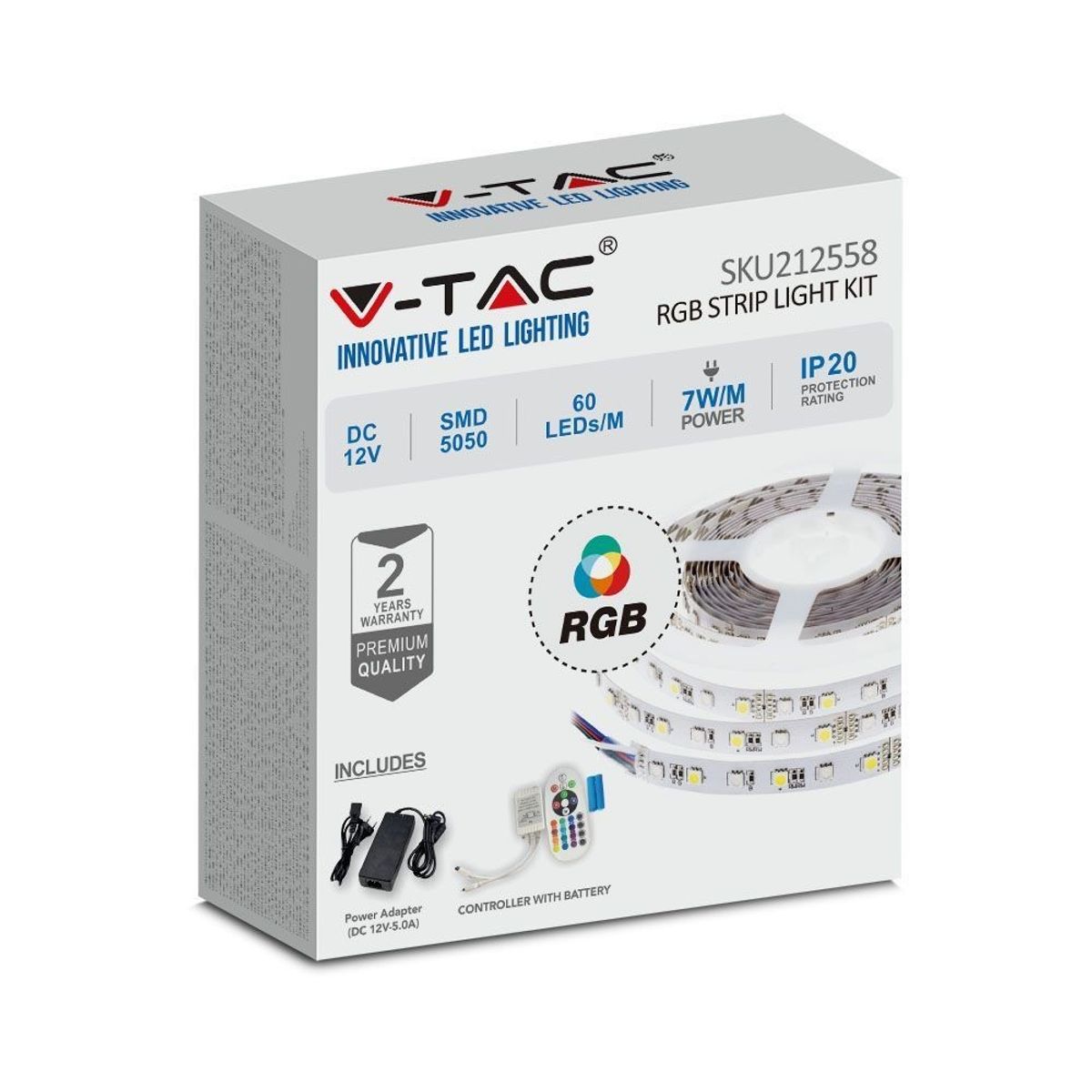 V-Tac 7W/m RGB LED strip sæt - 5m, 60 LED pr. meter