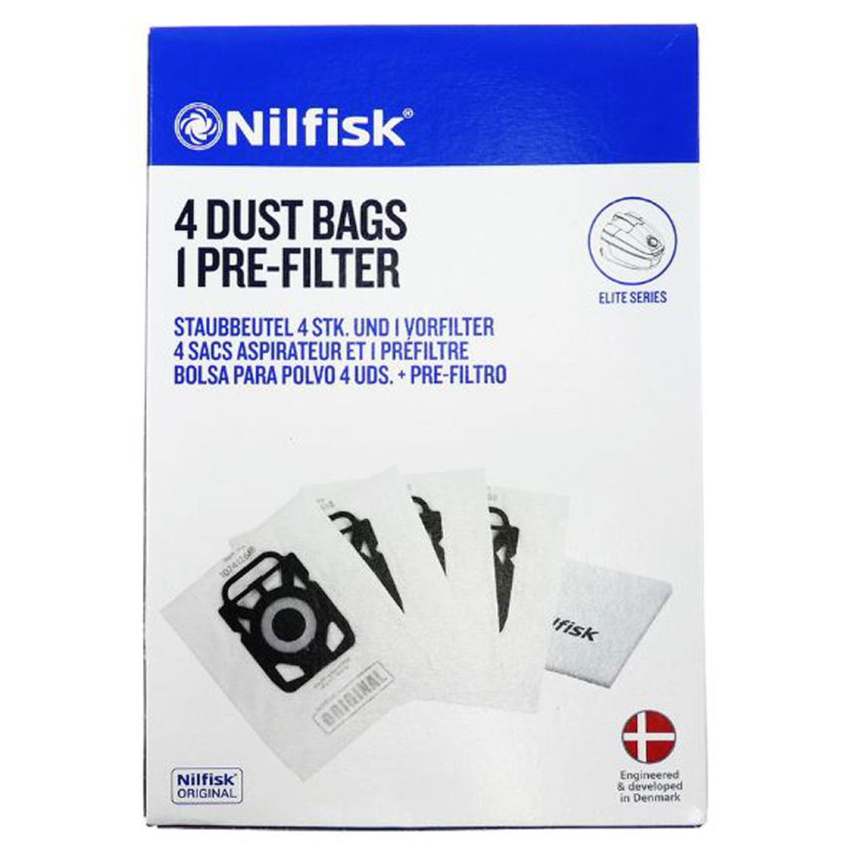 Nilfisk original 4 dust bags + 1 pre-filter elite series art. No. 107412688